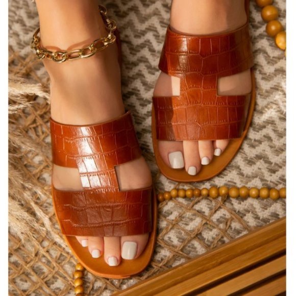 Shoes - Brown Croc Embossed Slip One Sandals